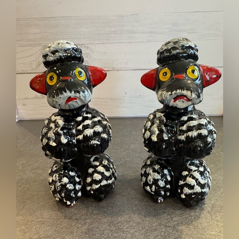 Pair of vintage black and white ceramic poodle figurines MCM redware pottery